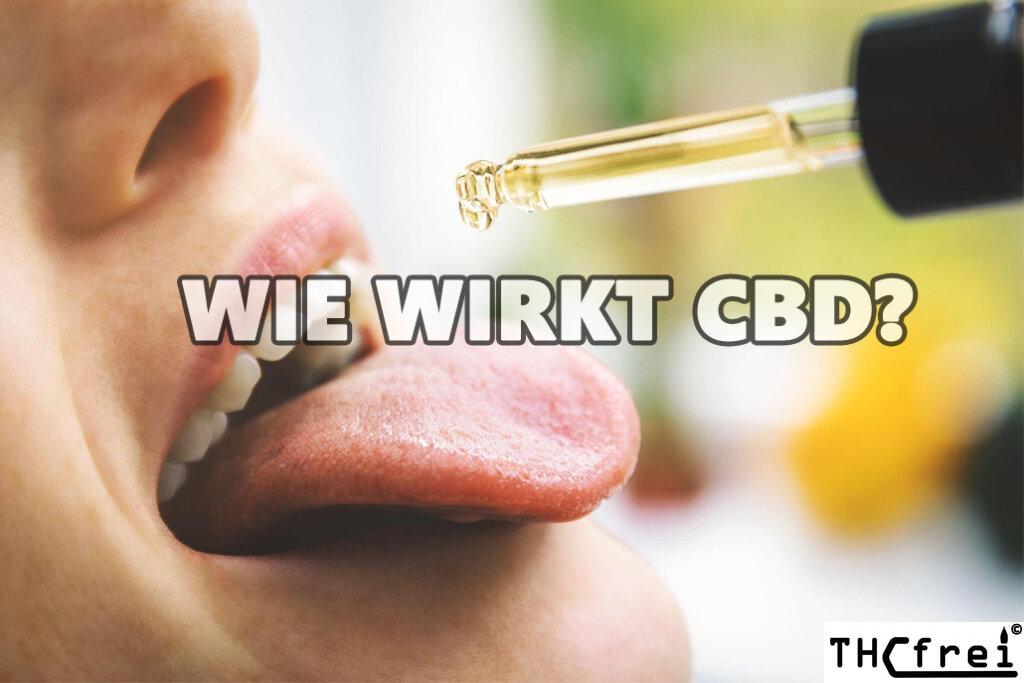 Pipette, die Vollspektrum CBD-Öl in Bioqualität in den geöffneten Mund einer Frau tropft CBD Bio Öl